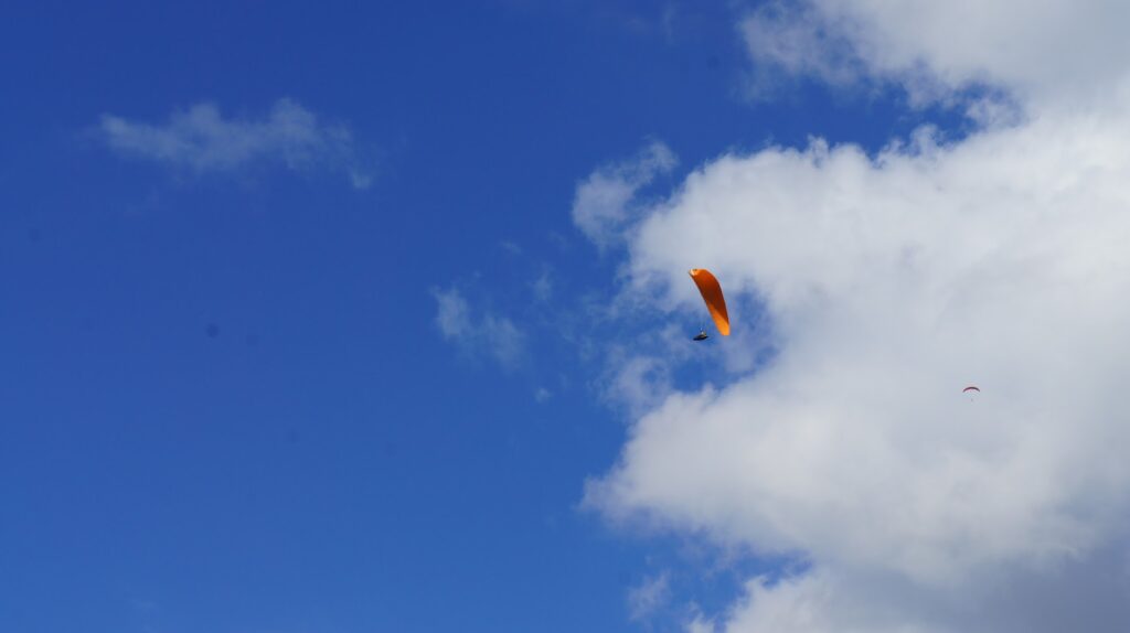 伊豆スカイラインの青空に飛ぶパラグライダー